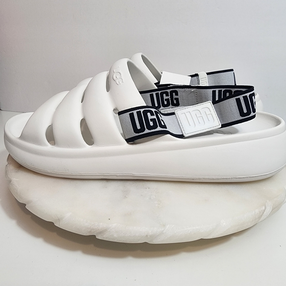 UGG White Foam Slide Sandals with Black Logo Strap